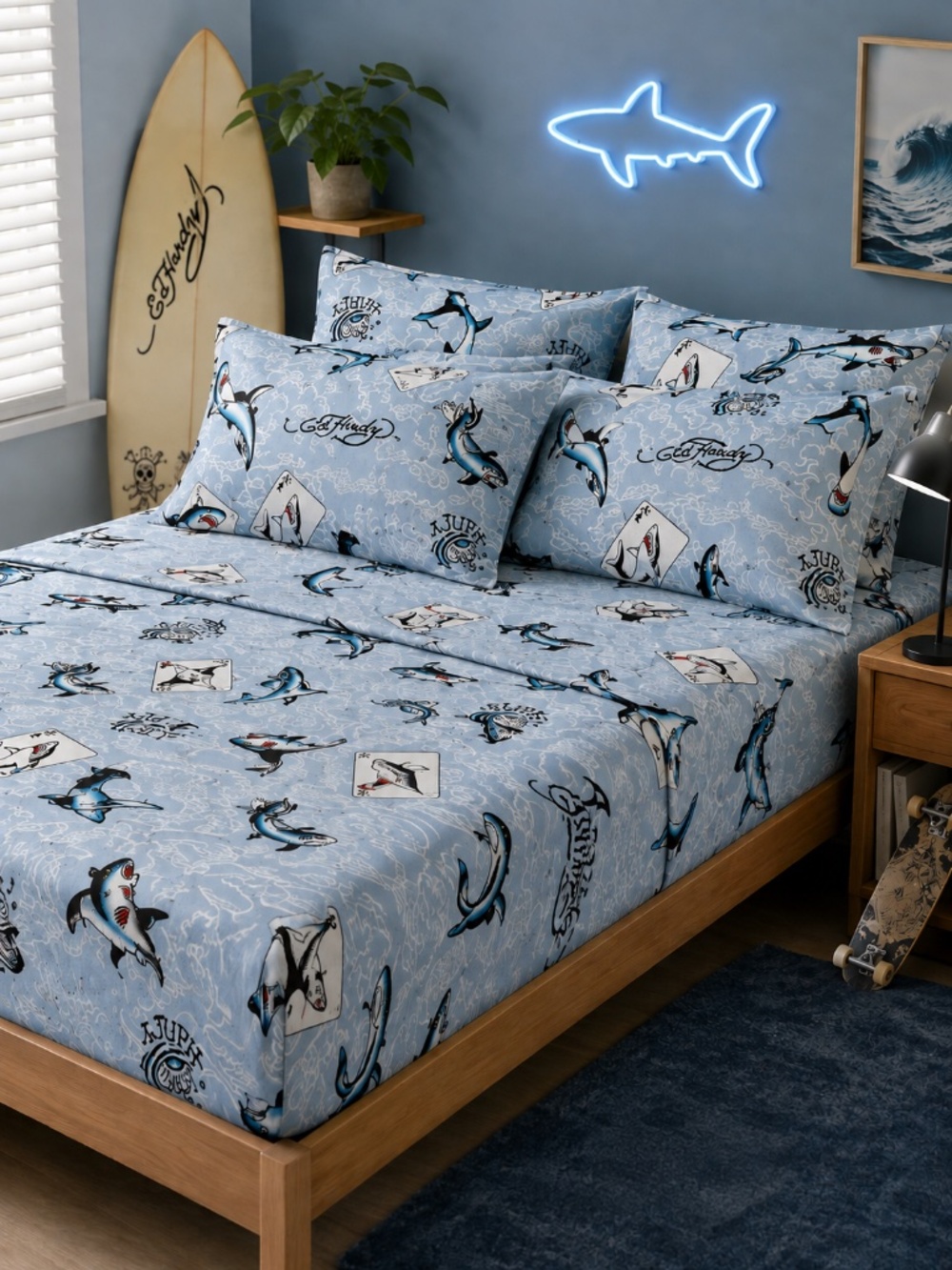 Ed Hardy Shark Full Sheet Set 6 Piece Surf Tattoo Print Blue Bedding NWT